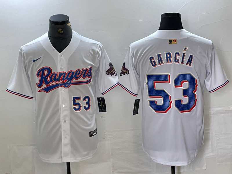 Men%27s Texas Rangers #53 Adolis Garcia Number White 2023 World Series Champions Cool Base Jersey->texas rangers->MLB Jersey